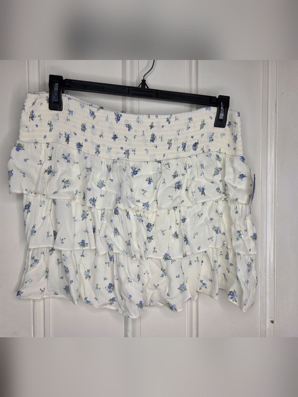 Abound White Tiered Ruffle Mini Skirt with Blue Floral Print